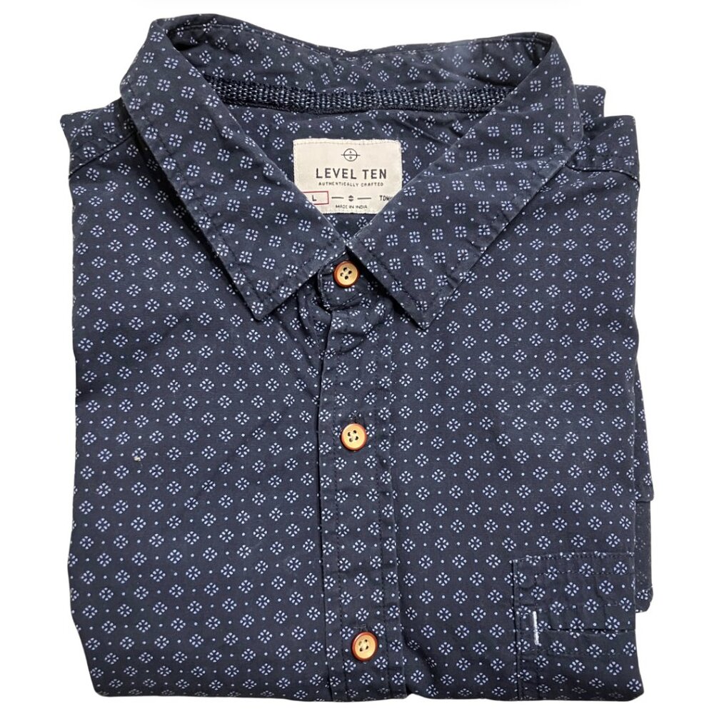 Level Ten Men's Navy Blue Geometric Short Sleeve Button Up Cotton Shirt Large